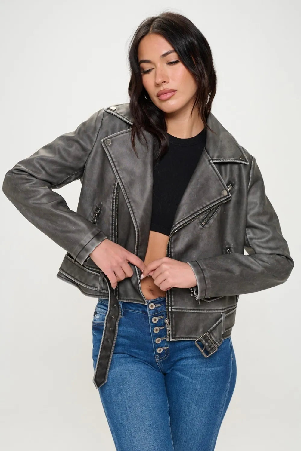 Coalition LA Zip Up Biker Jacket with Belt f788a95e-45fc-4c33-966e-bb80098e1502-Max