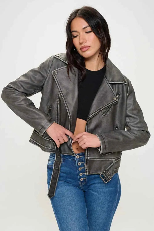 Coalition LA Zip Up Biker Jacket with Belt f788a95e-45fc-4c33-966e-bb80098e1502-Max
