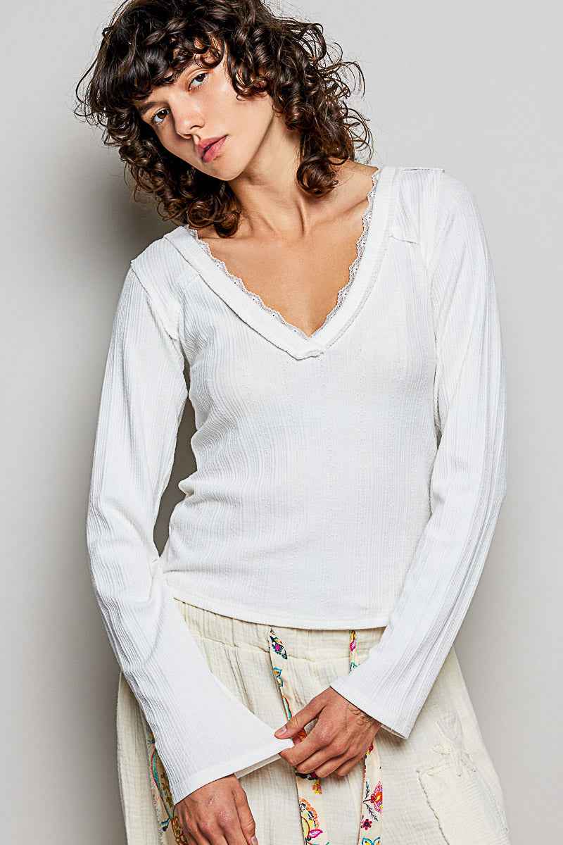 POL V-Neck Long Sleeve Ribbed Top with Lace-Accent Neckband f7893975-ec13-4721-87e3-7e3926cf4eeb-Max