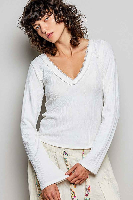 POL V-Neck Long Sleeve Ribbed Top with Lace-Accent Neckband f7893975-ec13-4721-87e3-7e3926cf4eeb-Max