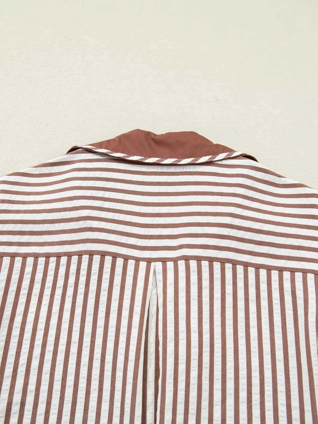 Stripe Collared Split Neck Short Bubble Sleeve Blouse