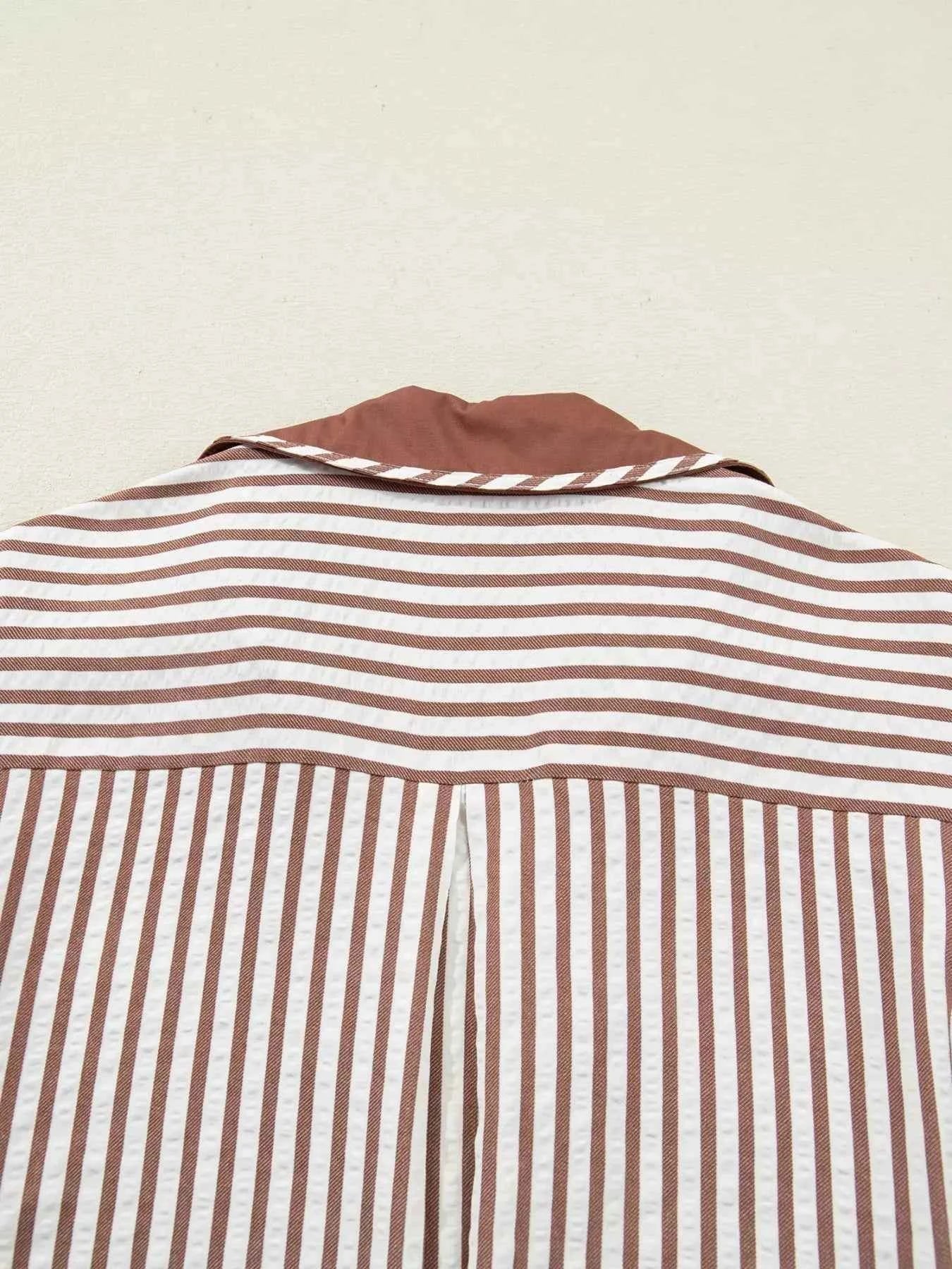 Stripe Collared Split Neck Short Bubble Sleeve Blouse