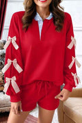 Stripe Collar Bow Tie Sweatshirt and Shorts Set Racing Red f78bfd79-dd6e-41d3-ab5e-7ce6c20be27e