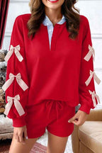 Stripe Collar Bow Tie Sweatshirt and Shorts Set Racing Red f78bfd79-dd6e-41d3-ab5e-7ce6c20be27e