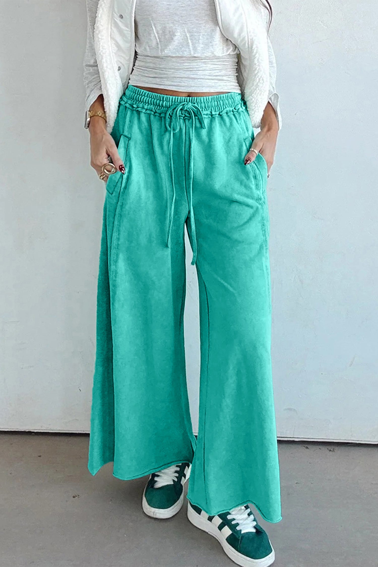 Sea Green Mineral Wash Drawstring Elastic Waist Raw Hem Loose Pants Sea Green 100%Cotton f78e69be09ed1e2f