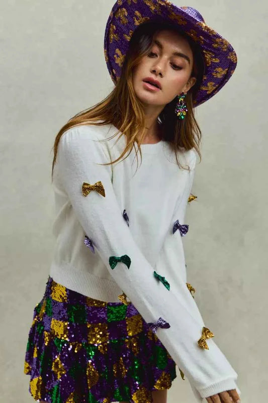 Mardi Gras Glitter Bow Ribbon Sweater Knit Top f794cbd284e74715a576becdb85a10e2-Max-Origin