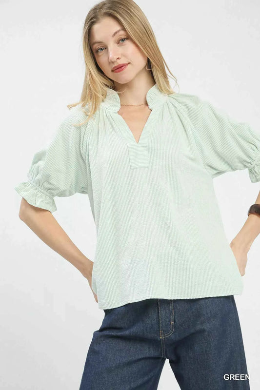 Umgee Textured Ruffle Sleeve V-Neck Top GREEN f797f94a-b458-4a60-8347-dffd00b90932-Max-Origin