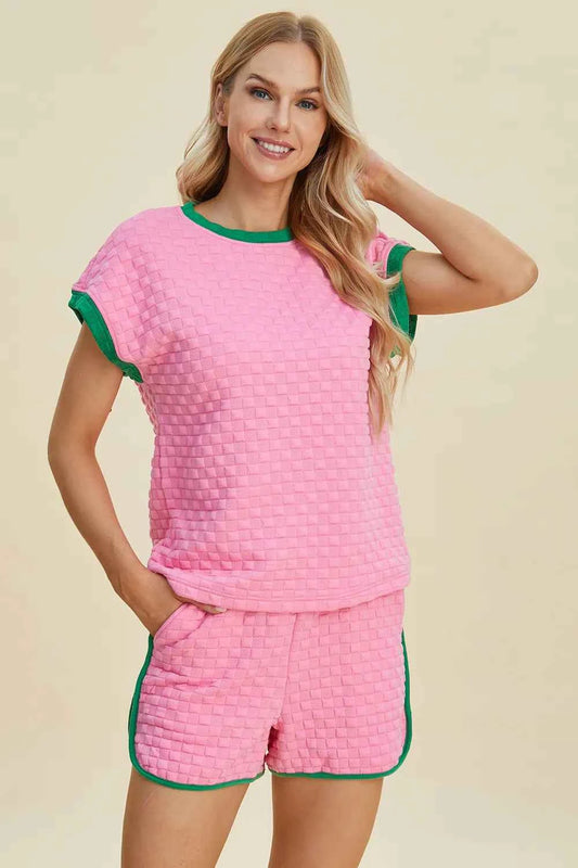 Double Take Full Size Texture Contrast T-Shirt and Shorts Set f7a54ae8-f85f-4c0f-b5cc-b4cea3373ecf-Max