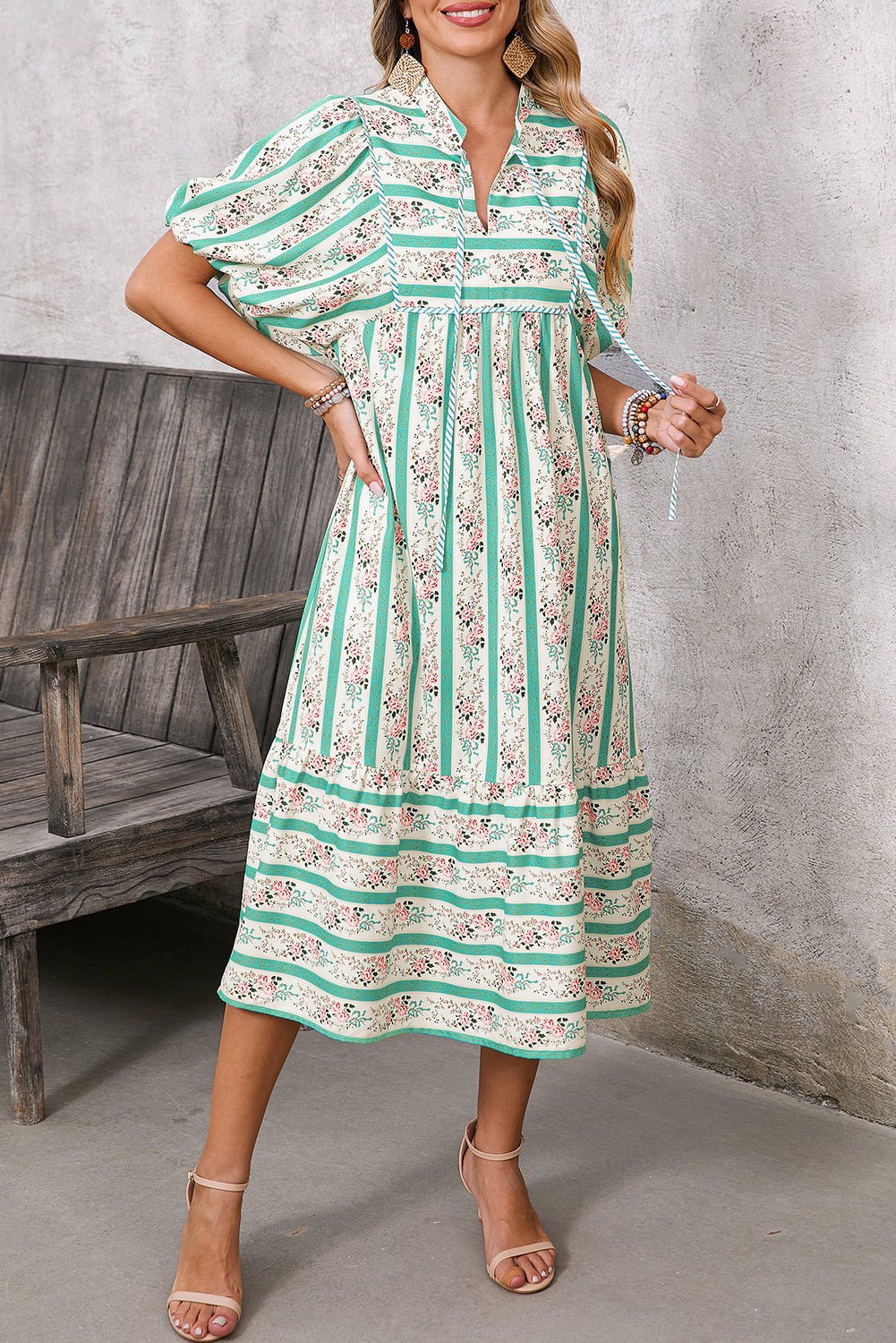 Multicolor Boho Floral Striped Tie V Neck Long Dress Multicolour f7a77ccc2ad3ffc6
