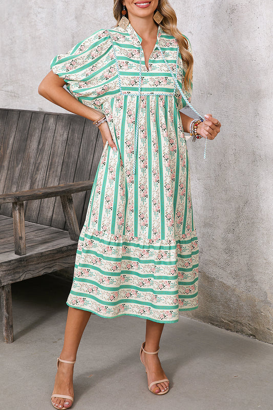 Multicolor Boho Floral Striped Tie V Neck Long Dress Multicolour f7a77ccc2ad3ffc6