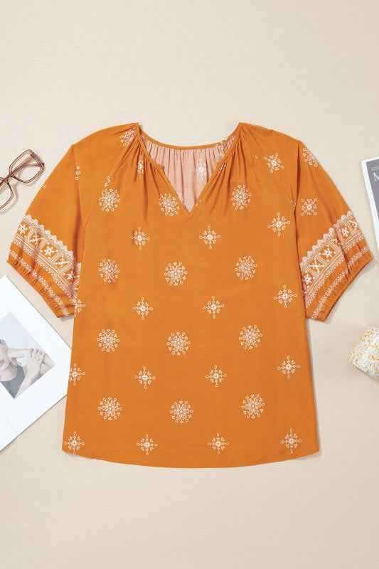 Plus Size Boho Floral Boho Notch V-Neck Top f7af11e7-cf65-4b9c-9948-4fb03573a3ab