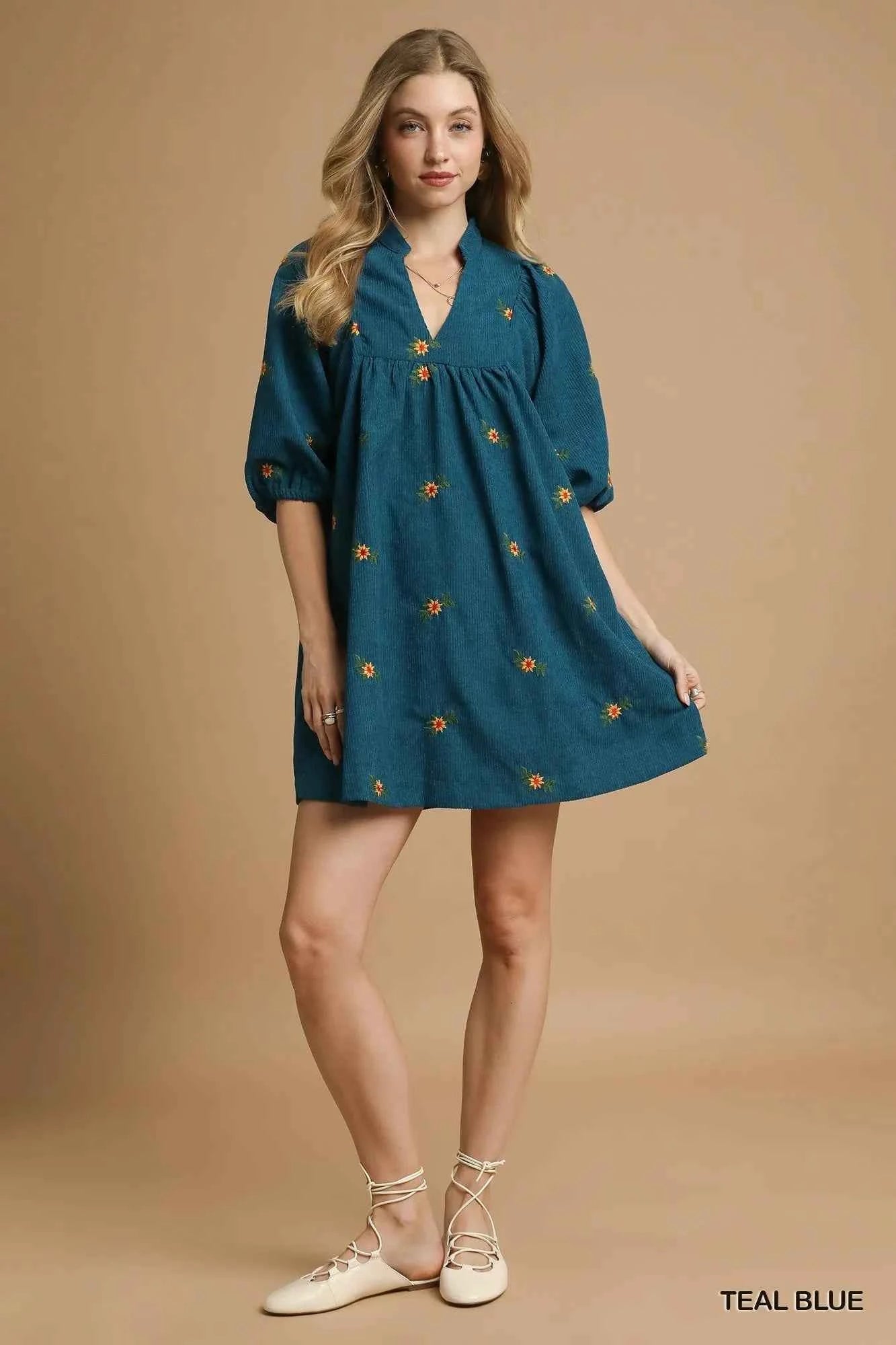 Umgee Corduroy Babydoll Dress with Floral Embroidery f7af21c3-59d4-42d3-8509-13cd657c4220-Max-Origin
