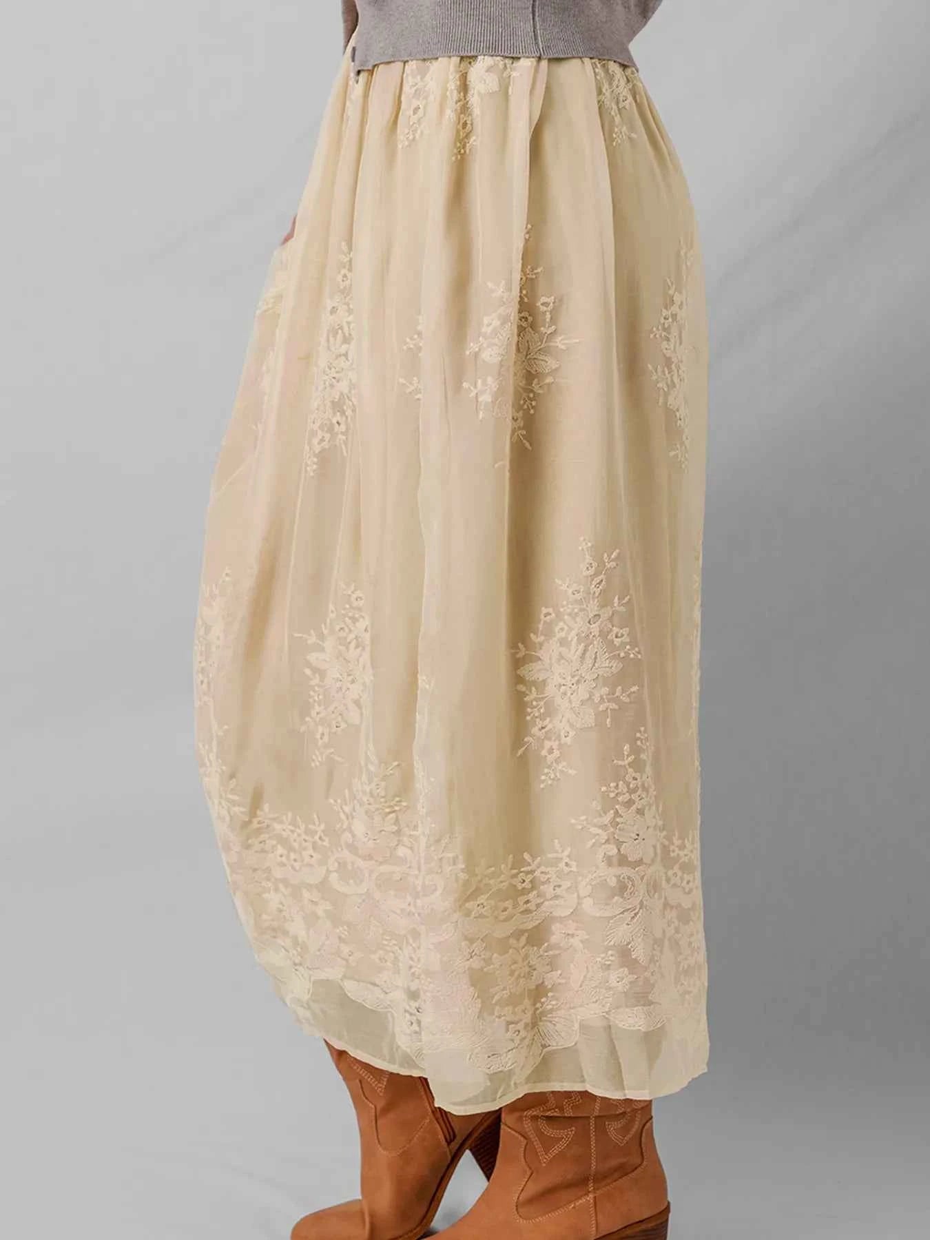Embroidered Mesh Overlay Flowy Midi Skirt f7b55ac3f18f48ddbc5d078d571a9a54-Max-Origin