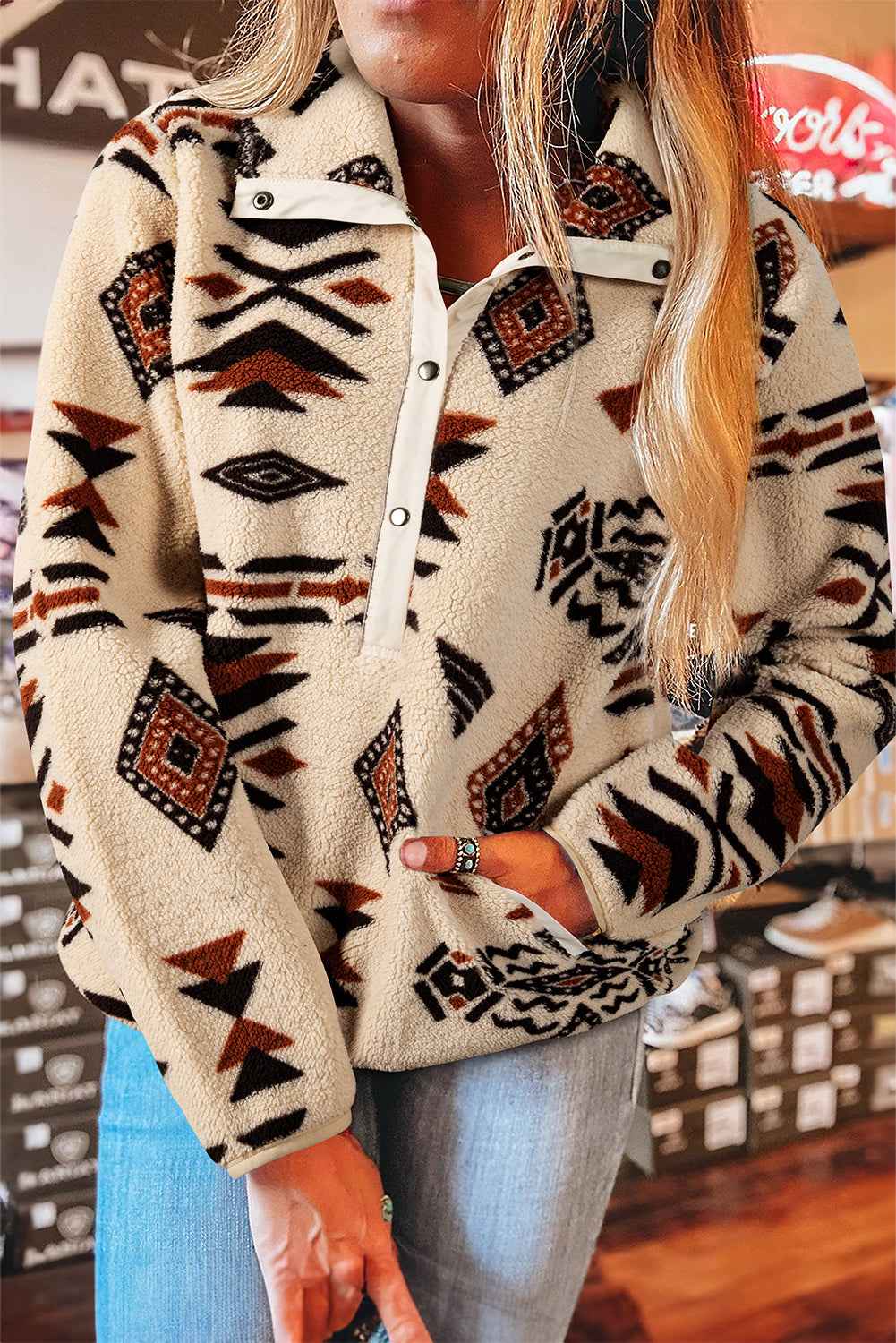 Beige Vintage Geometric Half Zip Plush Sweatshirt f7bff62268f89b66