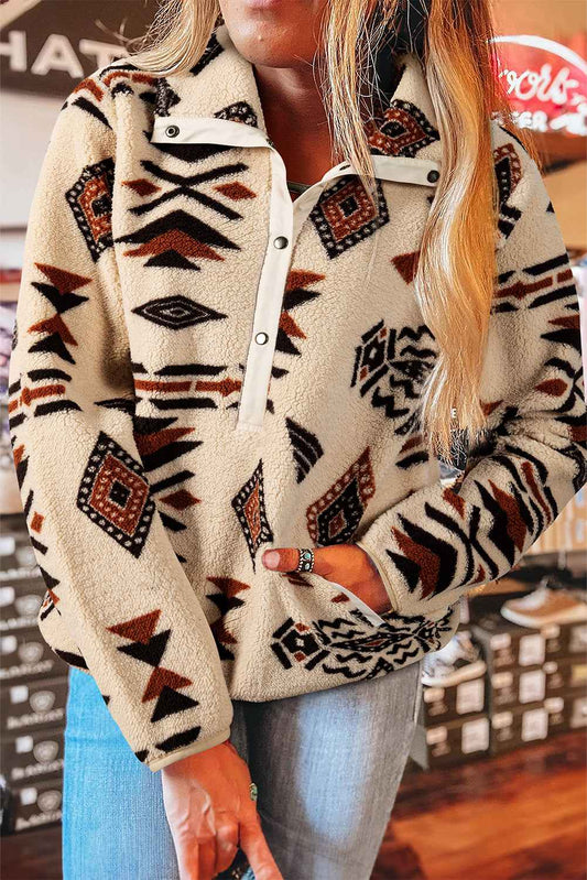 Beige Vintage Geometric Half Zip Plush Sweatshirt f7bff62268f89b66