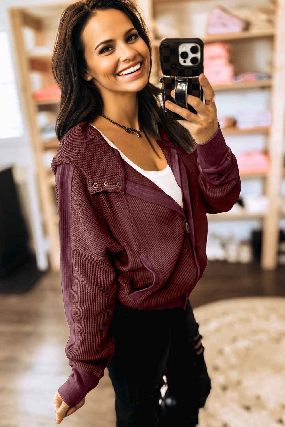 Burgundy Waffle Splicing Zip Up Front Button Hooded Jacket f7cc5fcd5938dda8