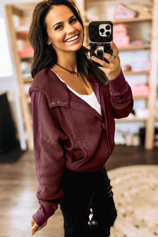 Burgundy Waffle Splicing Zip Up Front Button Hooded Jacket f7cc5fcd5938dda8