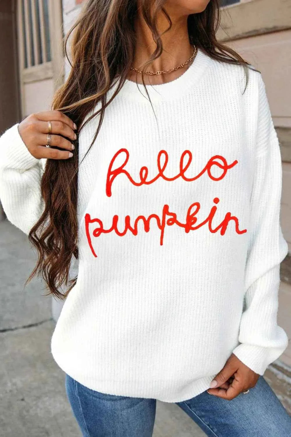 HELLO PUMPKIN Round Neck Long Sleeve Sweater White f7cdc41c-5e3f-4e6f-9379-ec16e5153810-Max