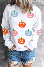 White Cute Halloween Pumpkin Sequins Patch Graphic Sweatshirt White 50%Polyester+50%Cotton f7ce1ccf888c1c72