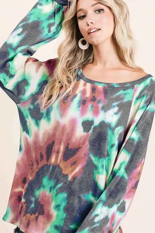 Tie Dye Print Terry Top with Puff Sleeves MOCHA CHARCOAL f7d324fbf5e14ffca7e43377b9fa8d18-Max-Origin