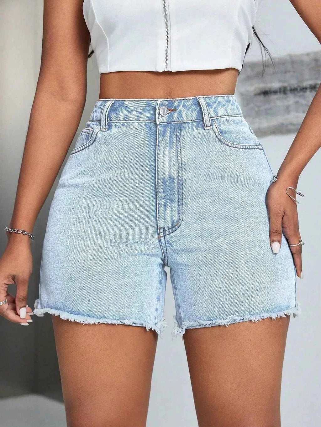 High-Waisted Raw Hem Denim Shorts