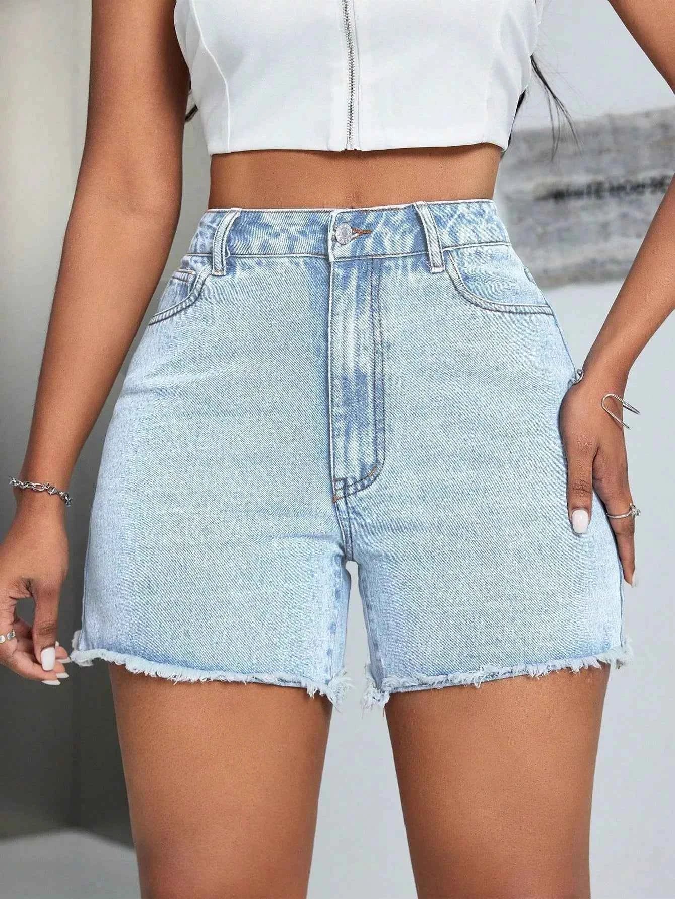 High-Waisted Raw Hem Denim Shorts