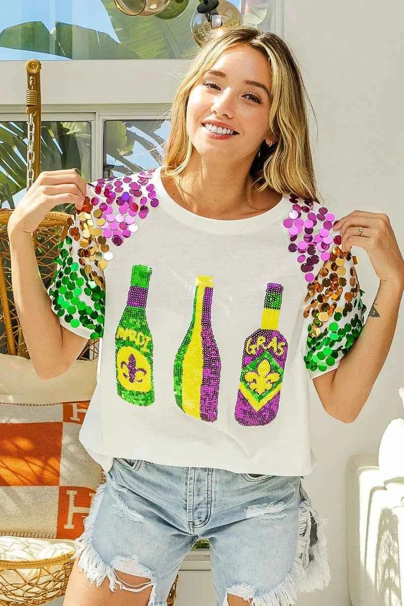 BiBi Sequin Mardi Gras Bottles Spangled Sleeve Top f7d5b546705644b7890f59c81d71ff3e-Max-Origin