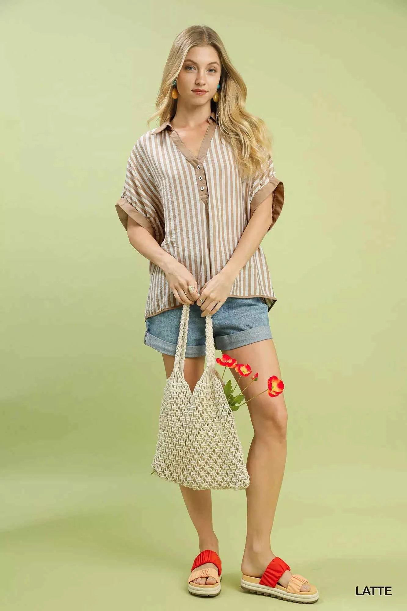 Umgee Stripe Collared Oversized Top