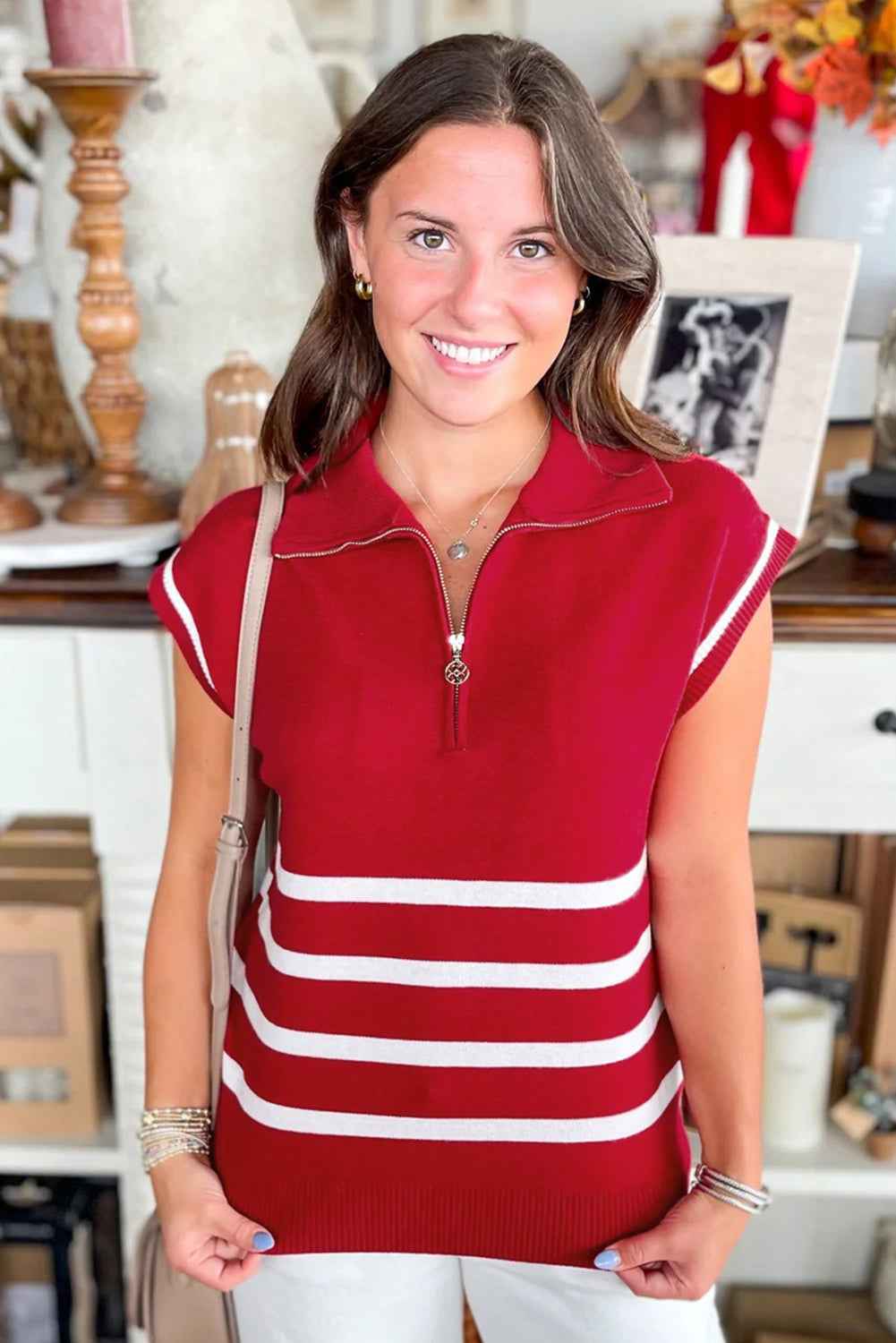 Fiery Red Quarter Zip Striped Detail Short Sleeve Sweater f7d7d6c47bd1b447
