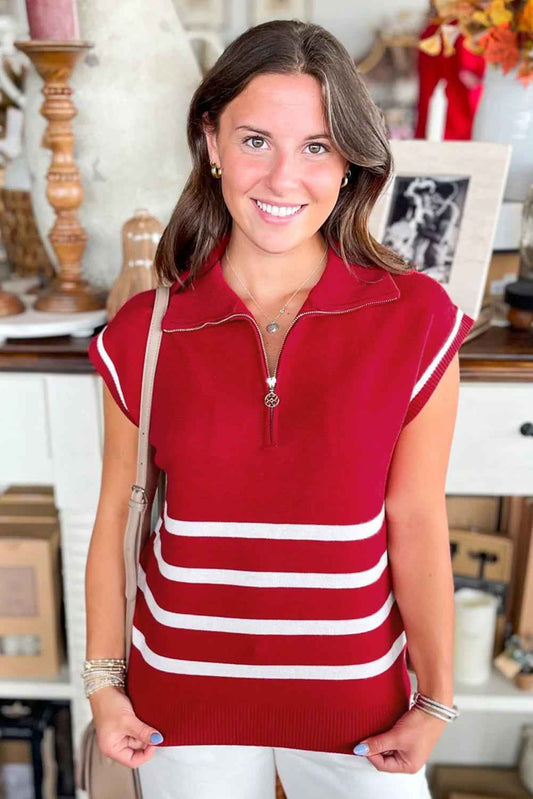 Fiery Red Quarter Zip Striped Detail Short Sleeve Sweater f7d7d6c47bd1b447
