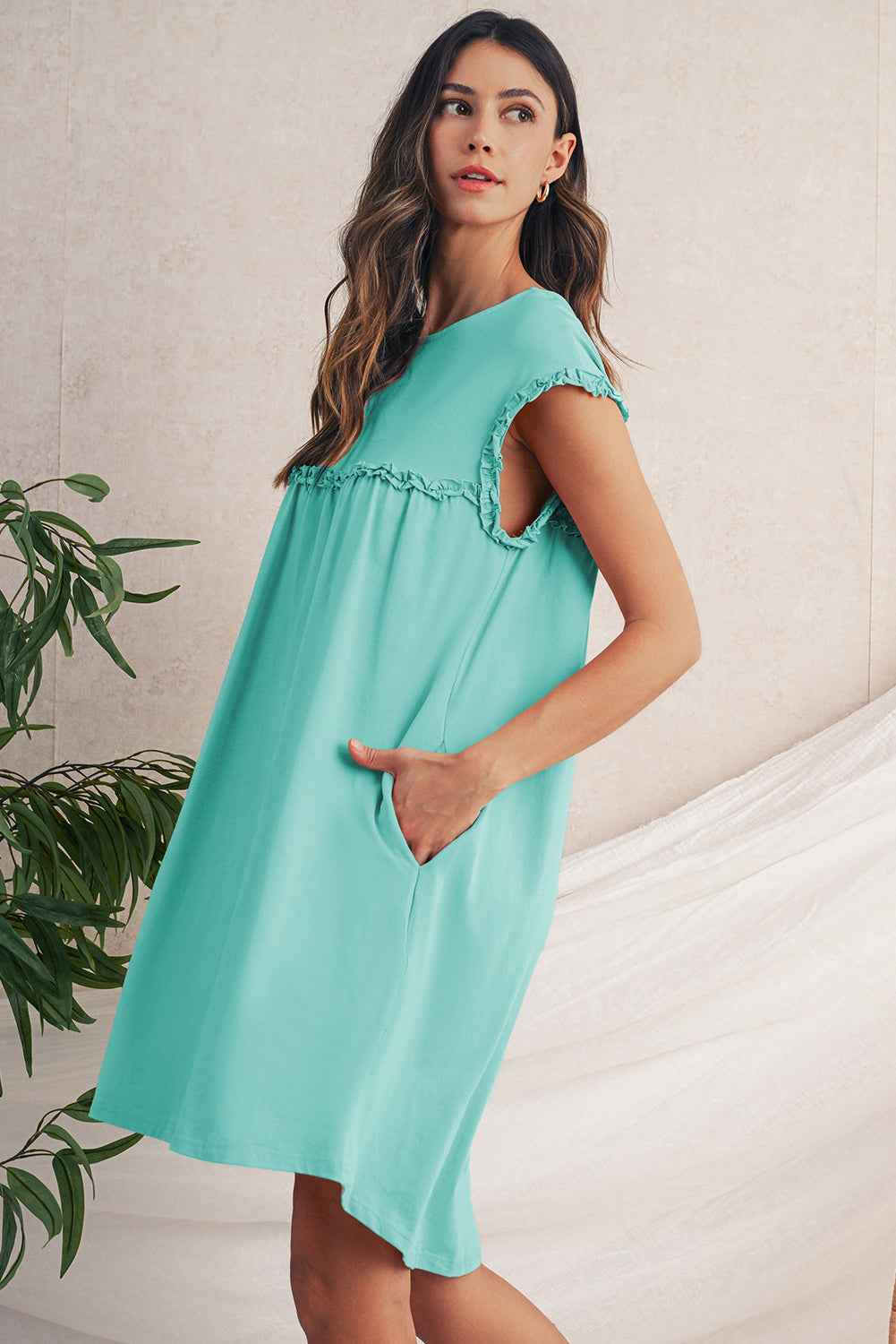 Mint Green Frilled Trim Crewneck Loose Fit Mini Dress f7d8b1e5edff1e61