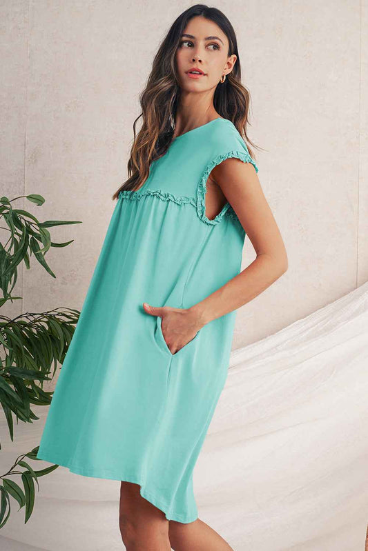 Mint Green Frilled Trim Crewneck Loose Fit Mini Dress f7d8b1e5edff1e61