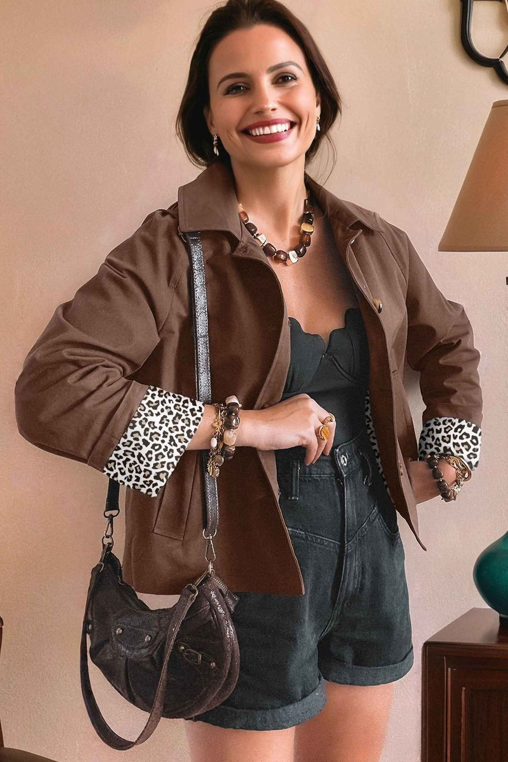 Dark Brown Collared Buttoned Leopard Liner Patchwork Chic Jacket f7dccef12bfd1ffc