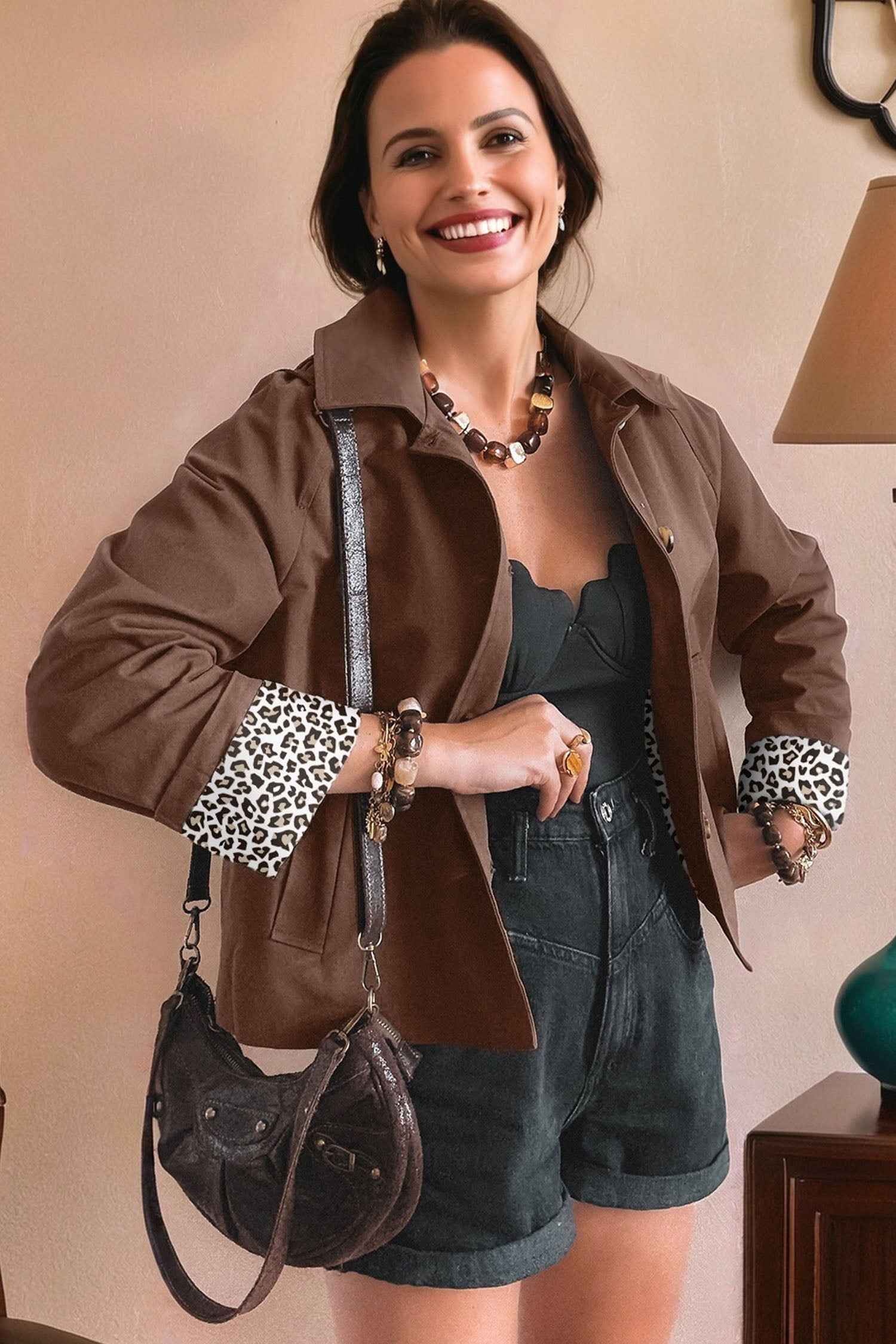 Dark Brown Collared Buttoned Leopard Liner Patchwork Chic Jacket f7dccef12bfd1ffc