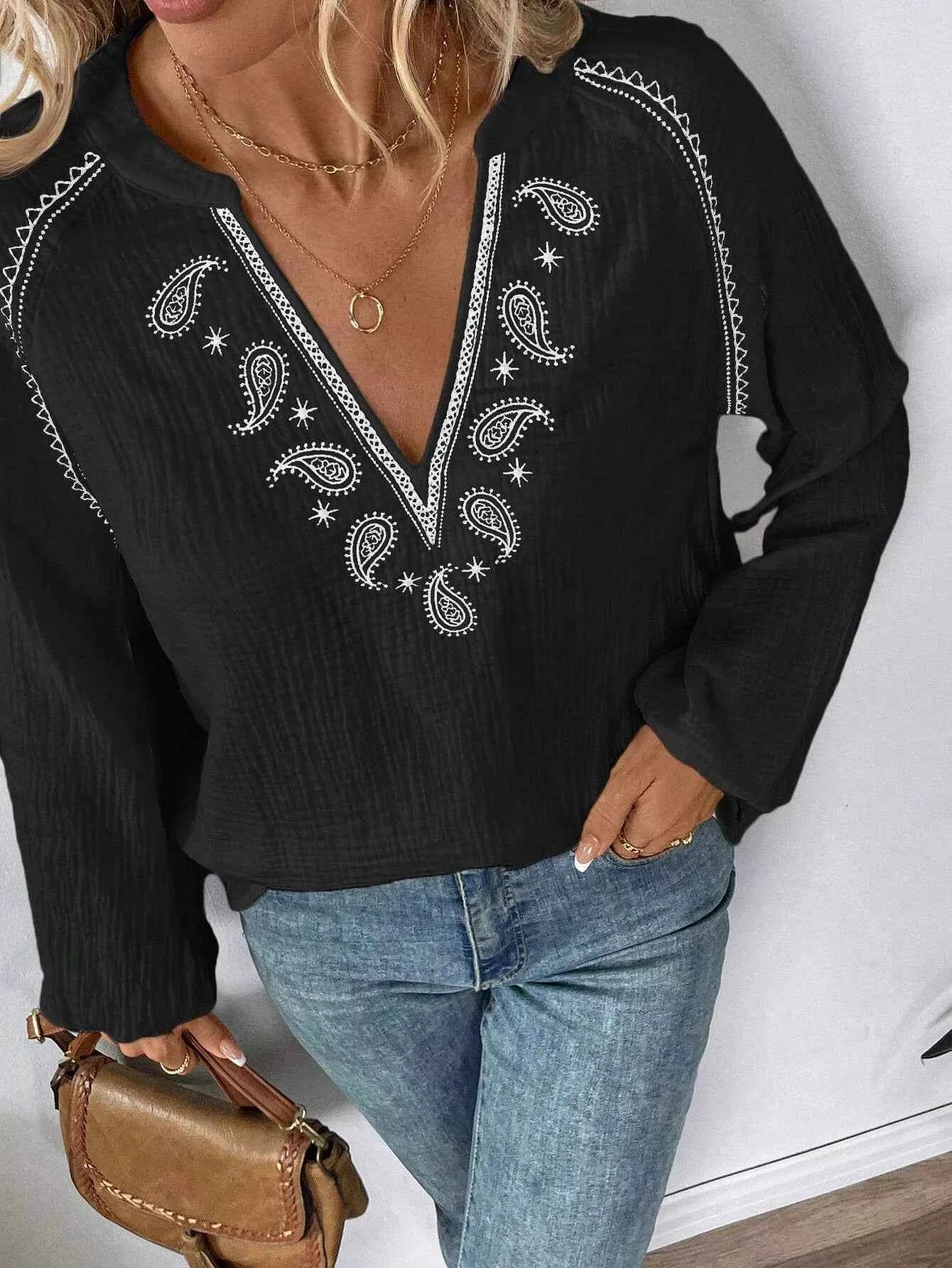 Paisley Notched Balloon Sleeve Blouse f7dd090b-00de-4617-8cf5-f350e52094a8-Max-Origin