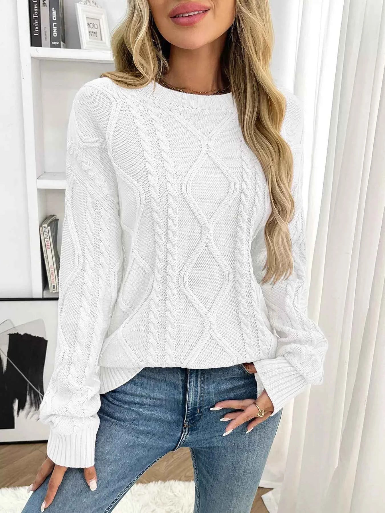 Cable Knit Round Neck Long Sleeve Sweater Black f7dd4c602a7e4e079a3db9c05990b248-Max-Origin