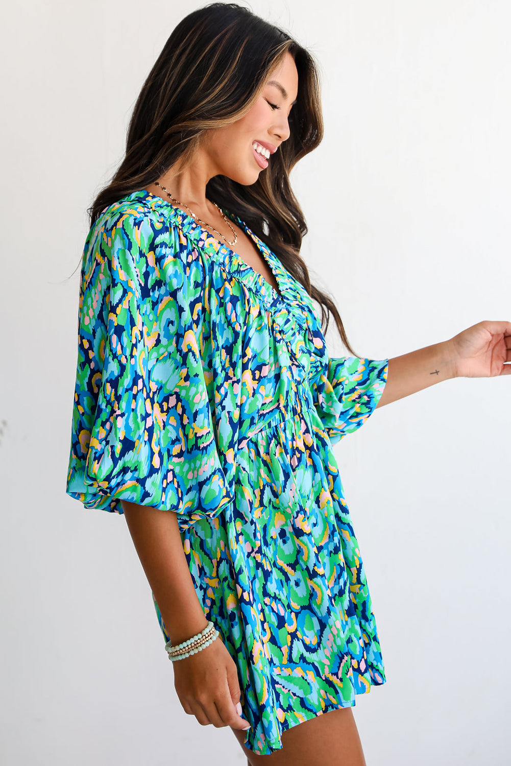 Pink Abstract Print Dolman Sleeve V Neck High Waist Romper f7e1e7d1e99c1e49