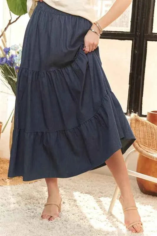 ADORA Waist Band Tiered Denim Maxi Skirt f7e666beada54bf9a29a153187ae9c5a-Max-Origin