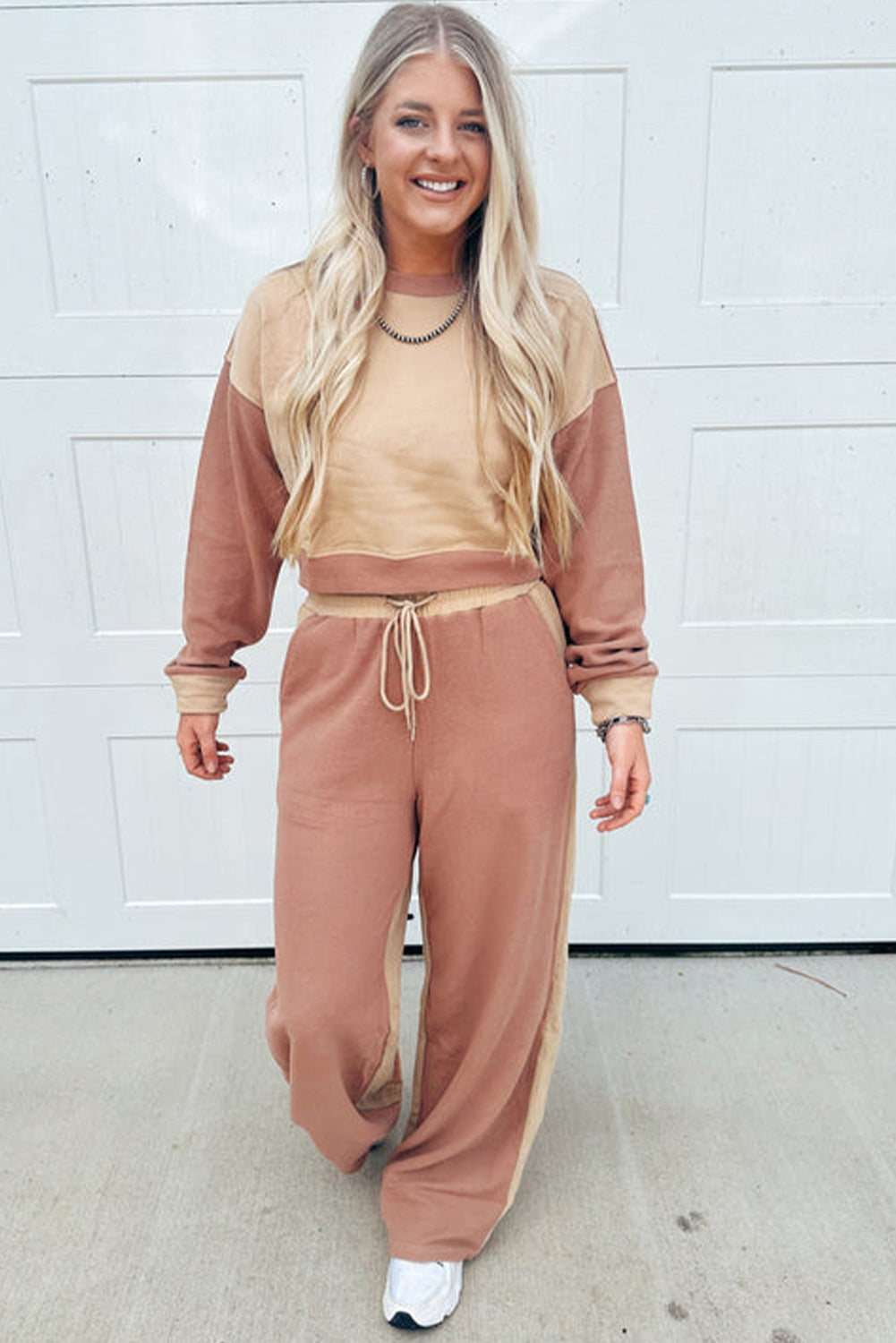 Khaki Color Block Long Sleeve Crop Top Drawstring Pant Set f7ea7839f0652a18