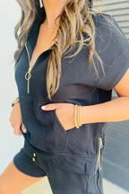 Black Half Zip Kangaroo Pocket Top Drawstring Shorts Set f7f5b294a670e313