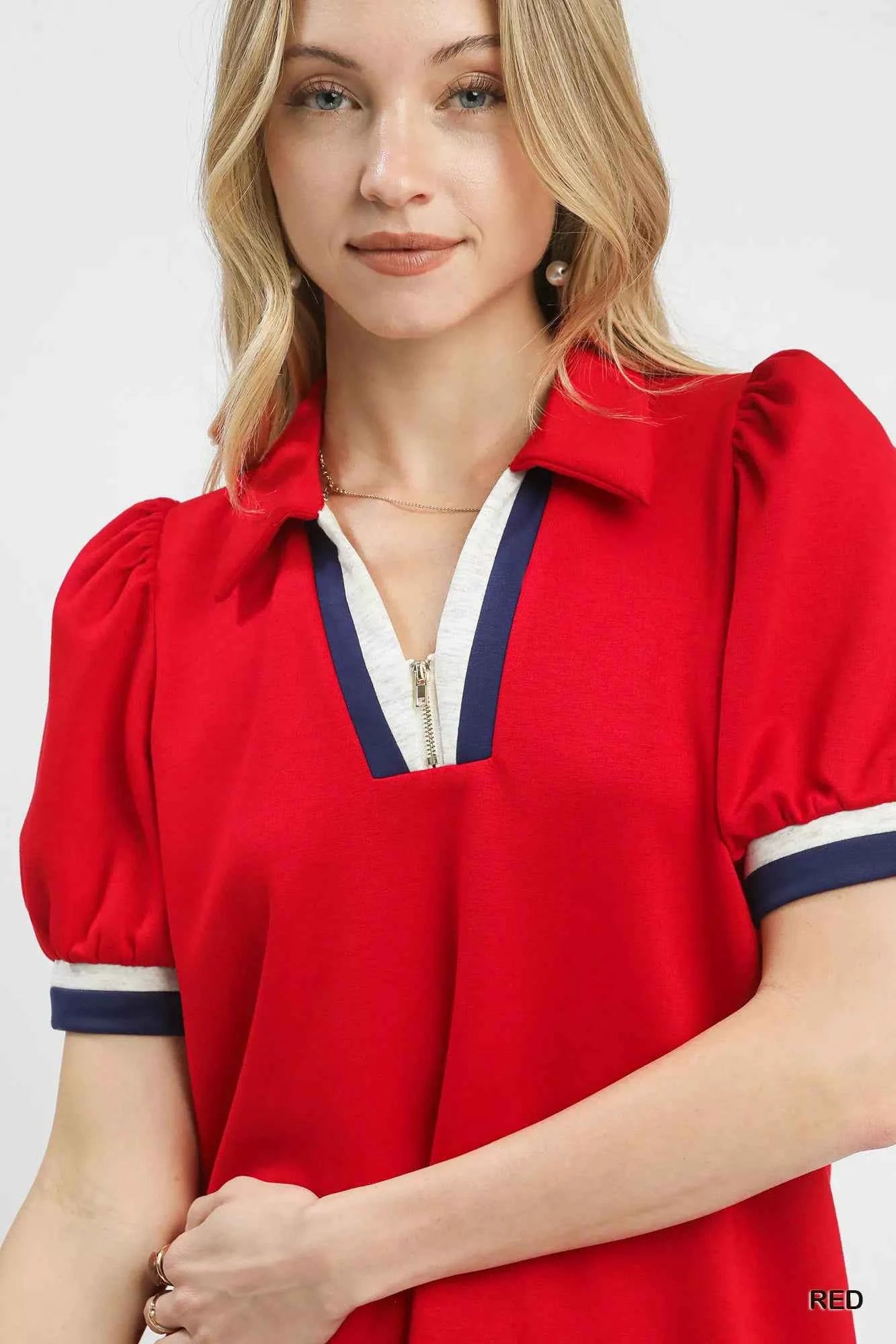 Umgee Puff Sleeve Zip Front Top with Contrast Striped Trim f7f72477-6954-4d1d-9d11-b228928b2cfa-Max-Origin