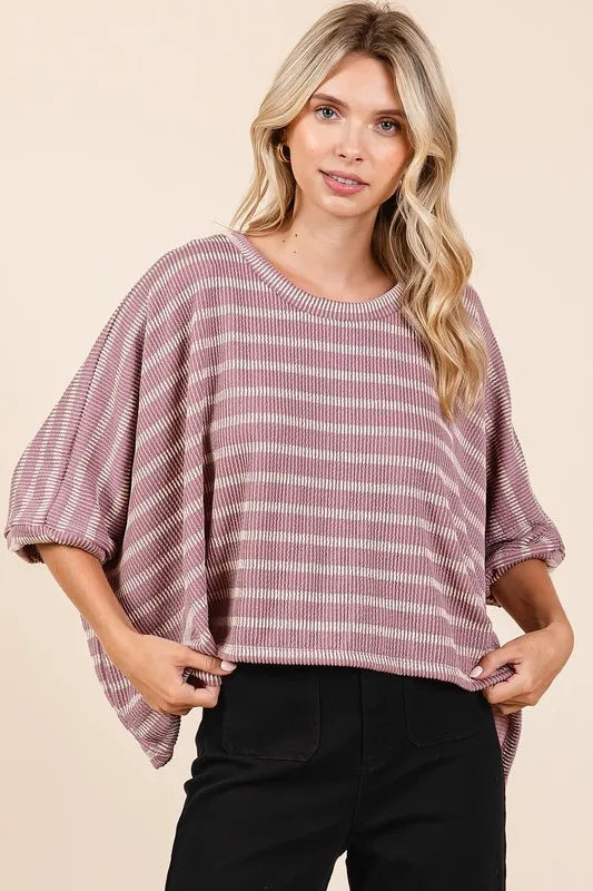 Mittoshop Texture Striped Print Round Neck Dolman Sleeve Top Dusty Pink f7f87313-8798-4310-81f6-dfb8d69af4ac-Max