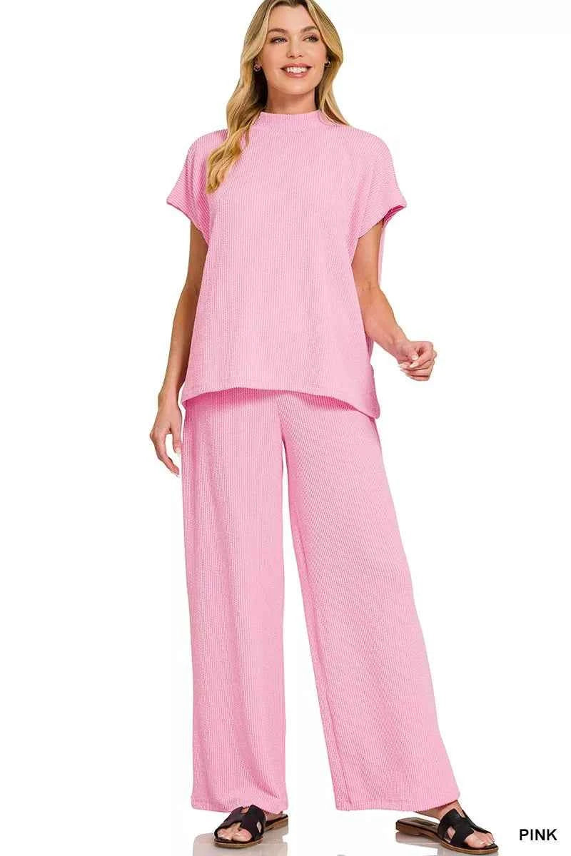 Zenana Raised Rib Short Sleeve Tee & Pants Set PINK f7f999ac23414cdbbf882f9d9135caa2-Max-Origin