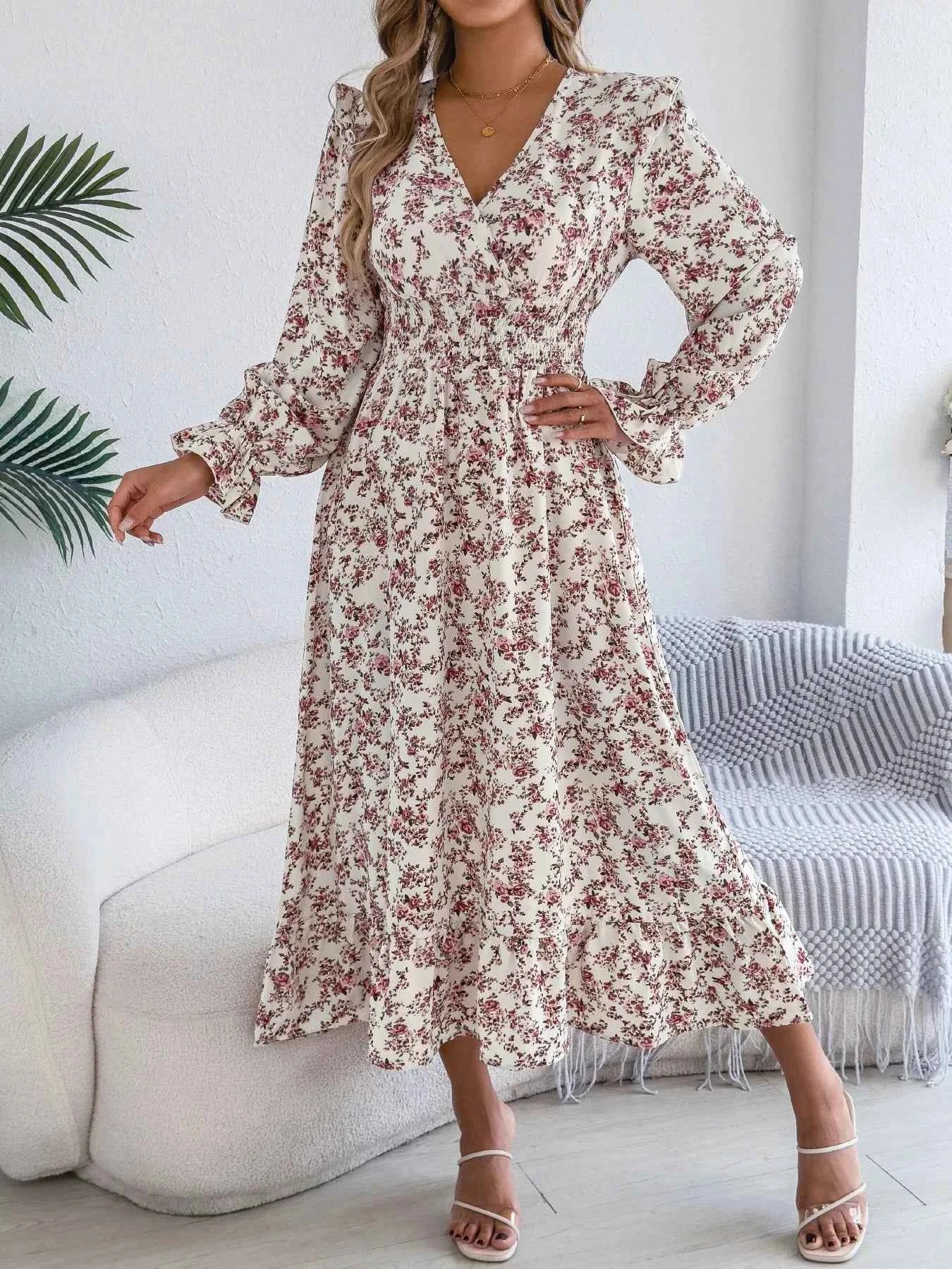 Ruffled Floral V-Neck Flounce Sleeve Dress f7fa2d35-6d39-40db-8d31-949b40c10db6-Max-Origin