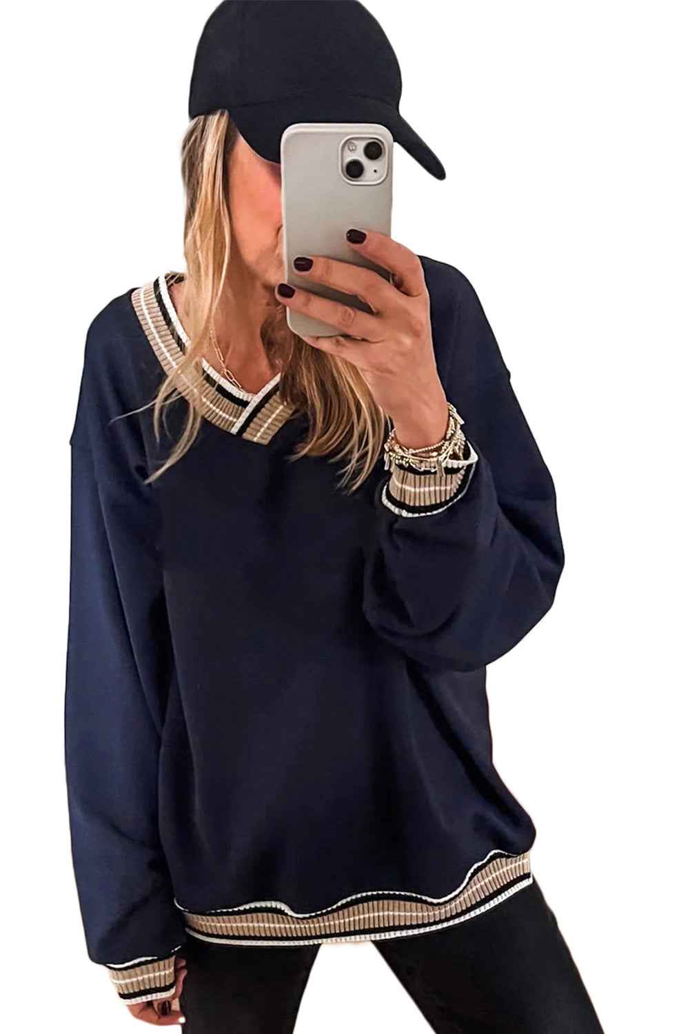 Parchment Varsity Contrast Trim V Neck Sweatshirt f7fdf6d0d191ada9