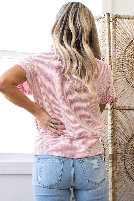 Pink Corded Colorblock Pocket Crew Neck T Shirt f801b0b8971f3d2a