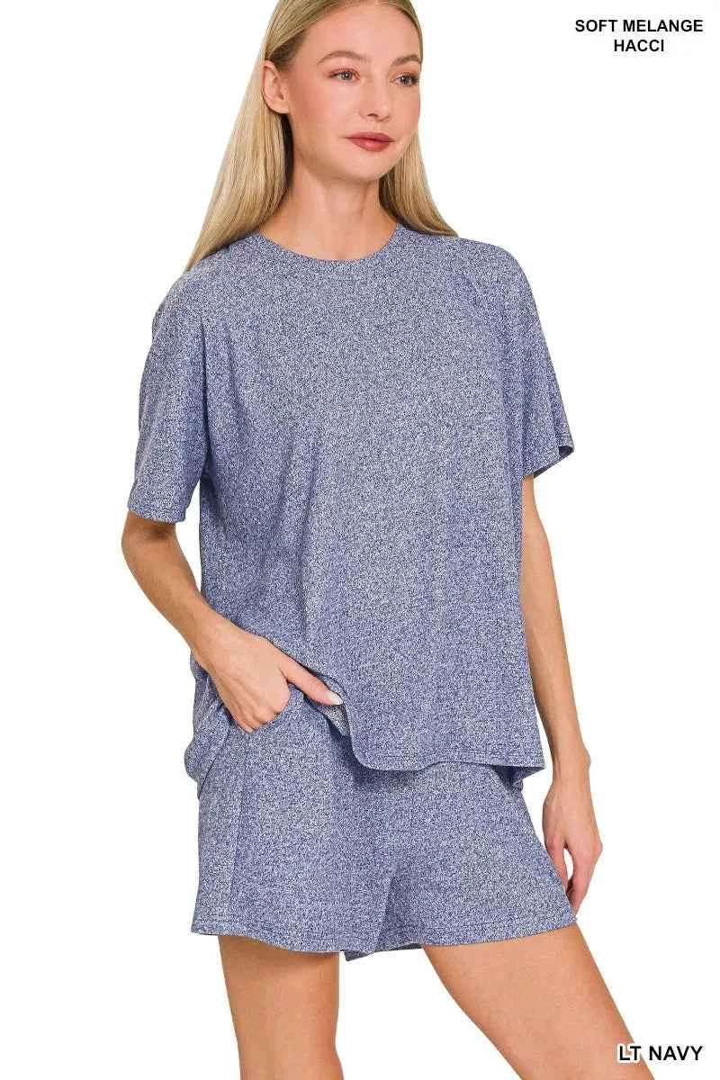 Zenana Soft Melange Short Sleeve Tee and Shorts Set LT NAVY f80873e7e8b64ce38f9d85d1a88e7a41-Max-Origin