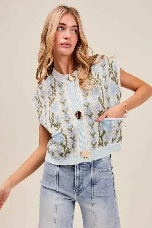 SO ME Button Front Floral and Stripe Knitted Sweater Vest f80942ec-4b60-432c-a1ae-5ee729bf6da9-Max-Origin