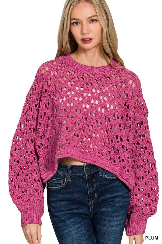 Zenana Oversized Cropped Crochet Knit Sweater PLUM f80b11cd294b4df5aced5674901820af-Max-Origin