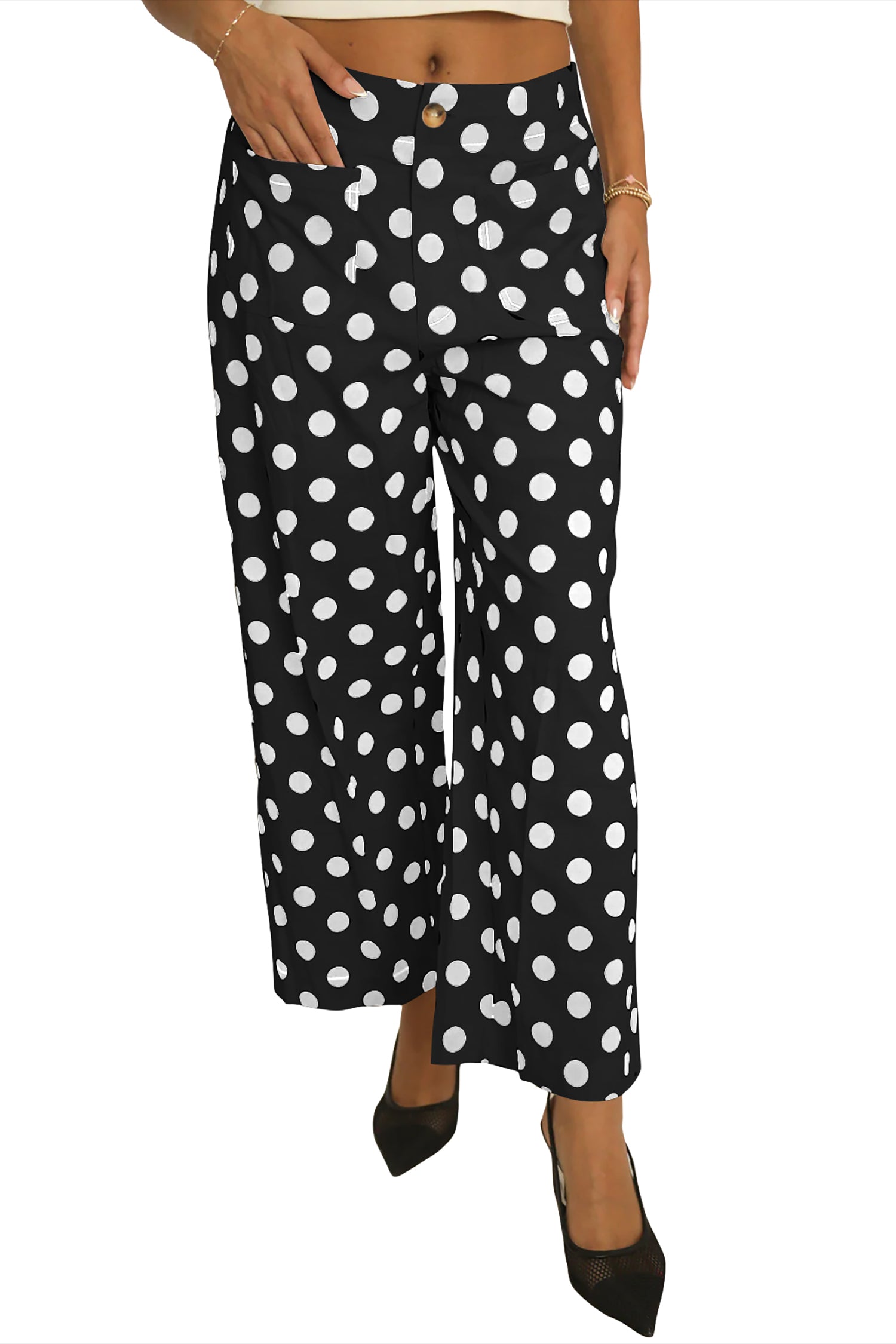 White Polka Dot Print Patched Pocket Loose Pants f81369c523561f56
